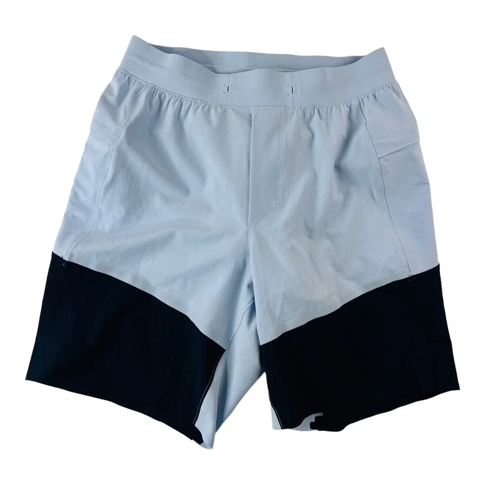 Lululemon Lt Blue & Navy Colorblock Lined Athletic Stretch Shorts Men Size Small - Picture 1 of 6